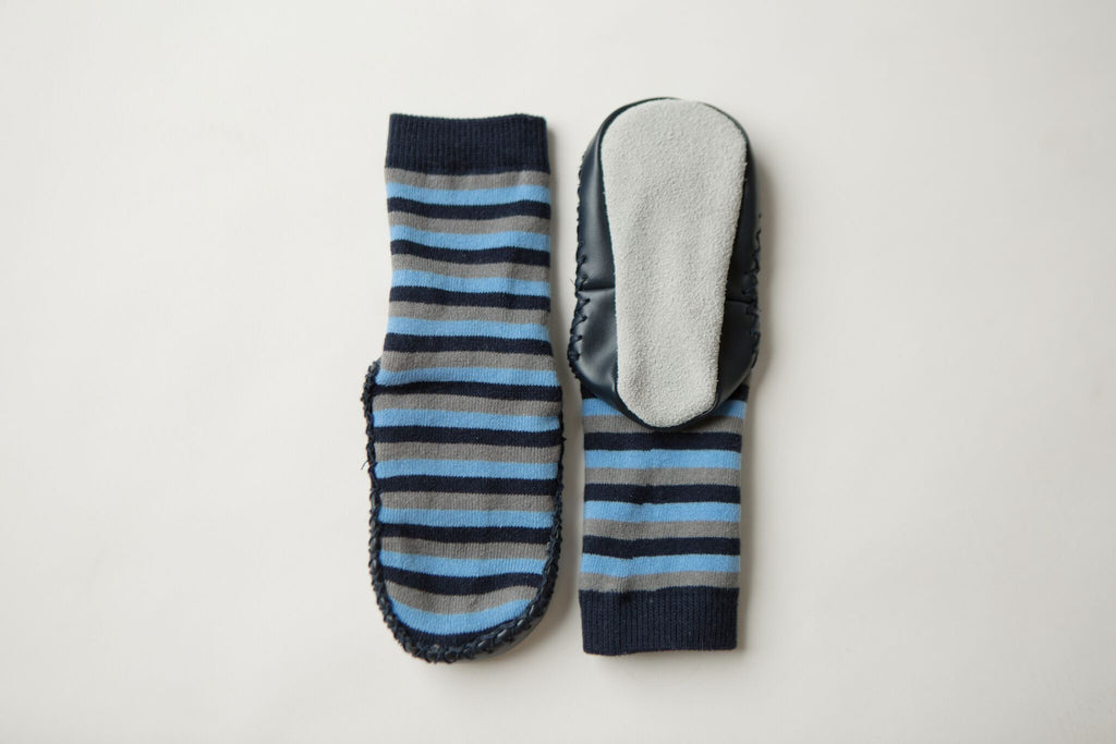 Leather Moccasin Socks Blue/Grey