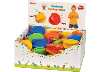 Attractive easy to play Castanet, simply click clack to produce rythmic, ripping rattling sound. Assorted colours orange, yellow, blue, green