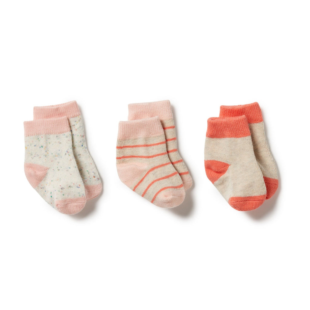 Organic 3 Pack Baby Socks - Silver Peony / Oatmeal / Coral