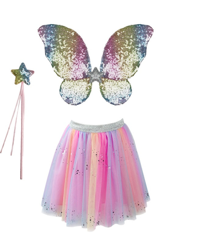 Rainbow Sequins Skirt with Wings & Wand