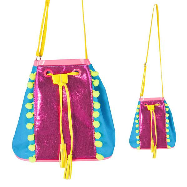 Pom pom party drawstring satchel-Blue