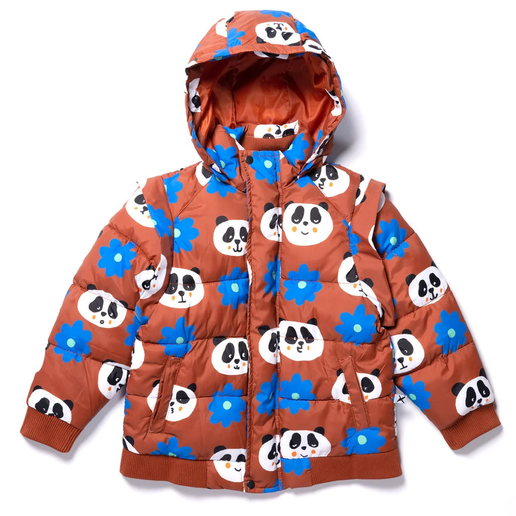 Flowers And Pandas Puffa Jacket- Warm Orange