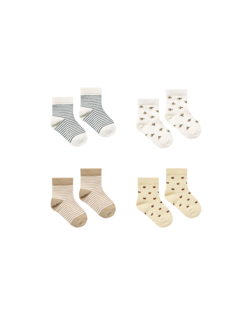 Printed Sock Set || Latte Micro Stripe, Doves, Stripe, Apples