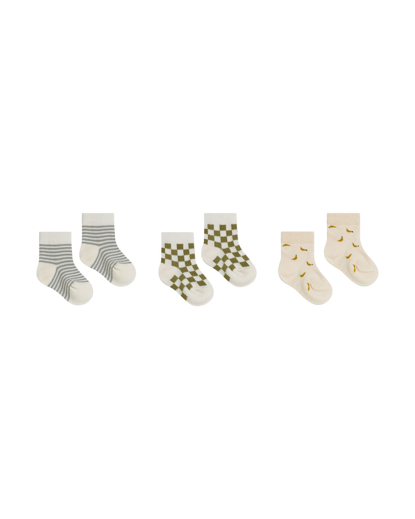 PRINTED SOCKS POOL STRIPE, OLIVE CHECK, BANANAS