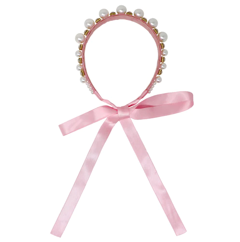 Claris Jewelled Pearl Headband with Ribbons in Pink