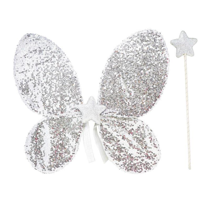 Silver Sequin Wings and Glitter Star Wand Set