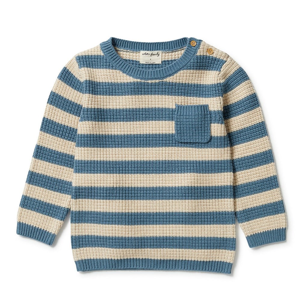 Knitted Stripe Pocket Jumper - Bluestone