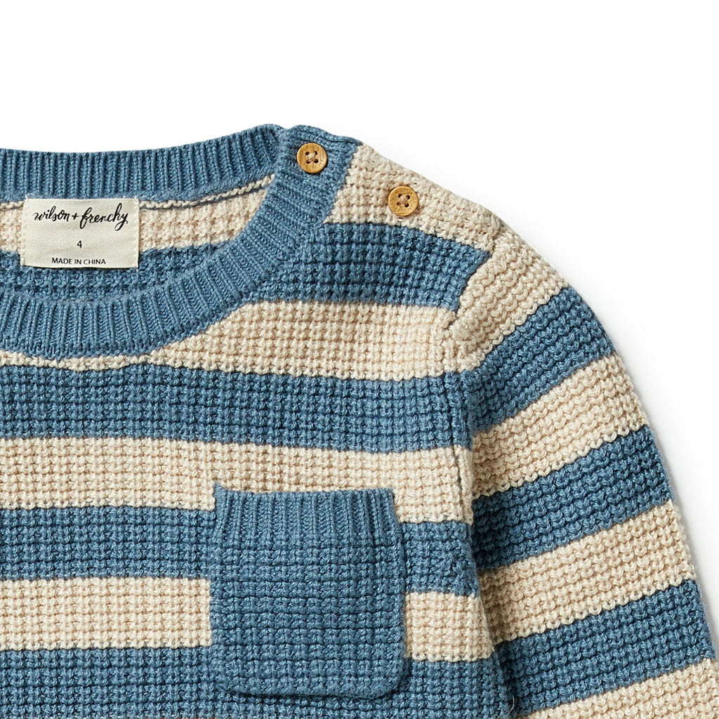 Knitted Stripe Pocket Jumper - Bluestone