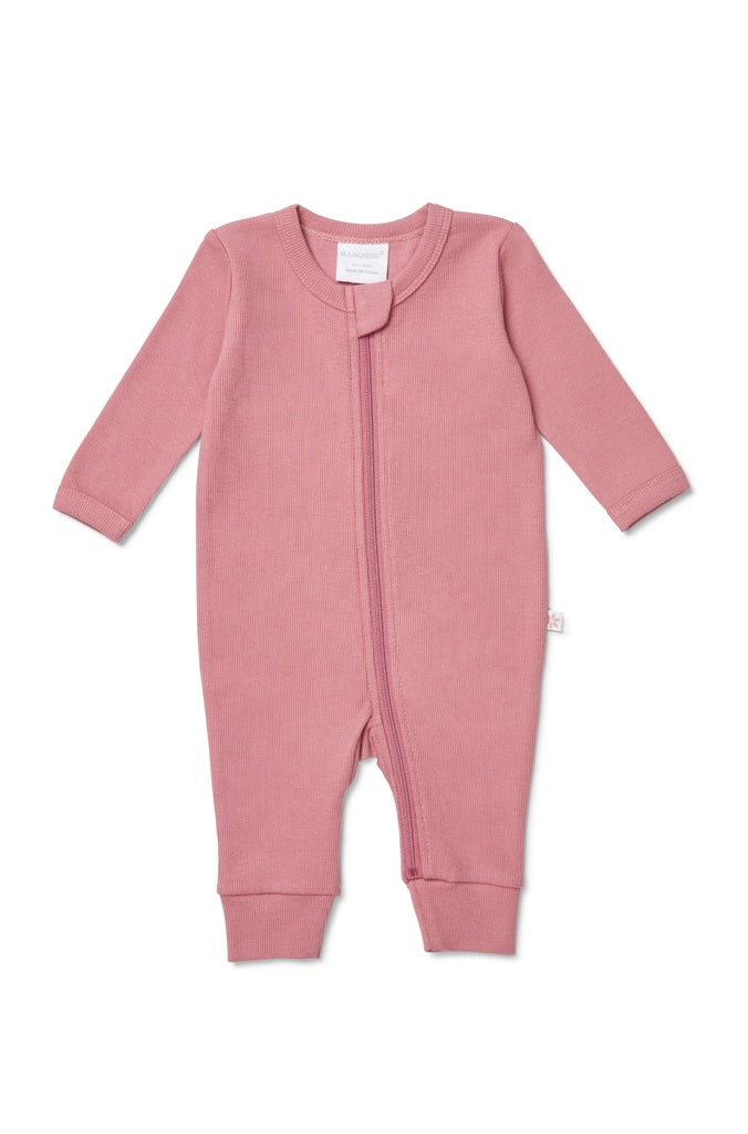 DARK ROSE PINK RIB ZIPSUIT