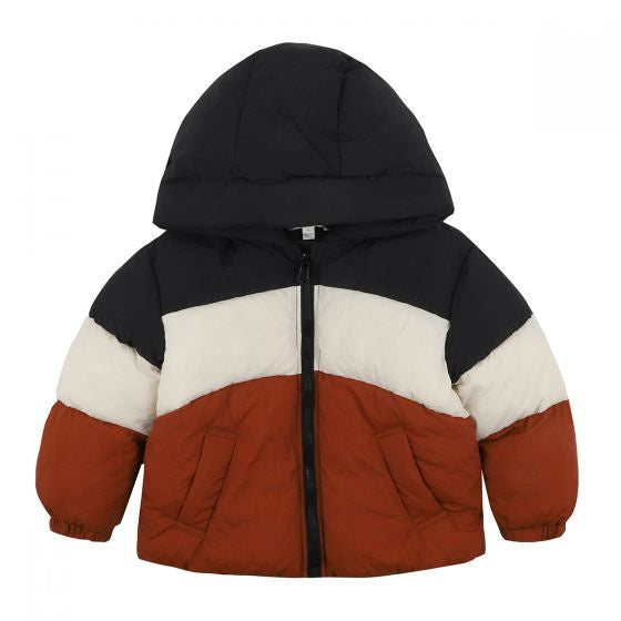 BOYS HOODED PUFFA JACKET - BLACK MULTI